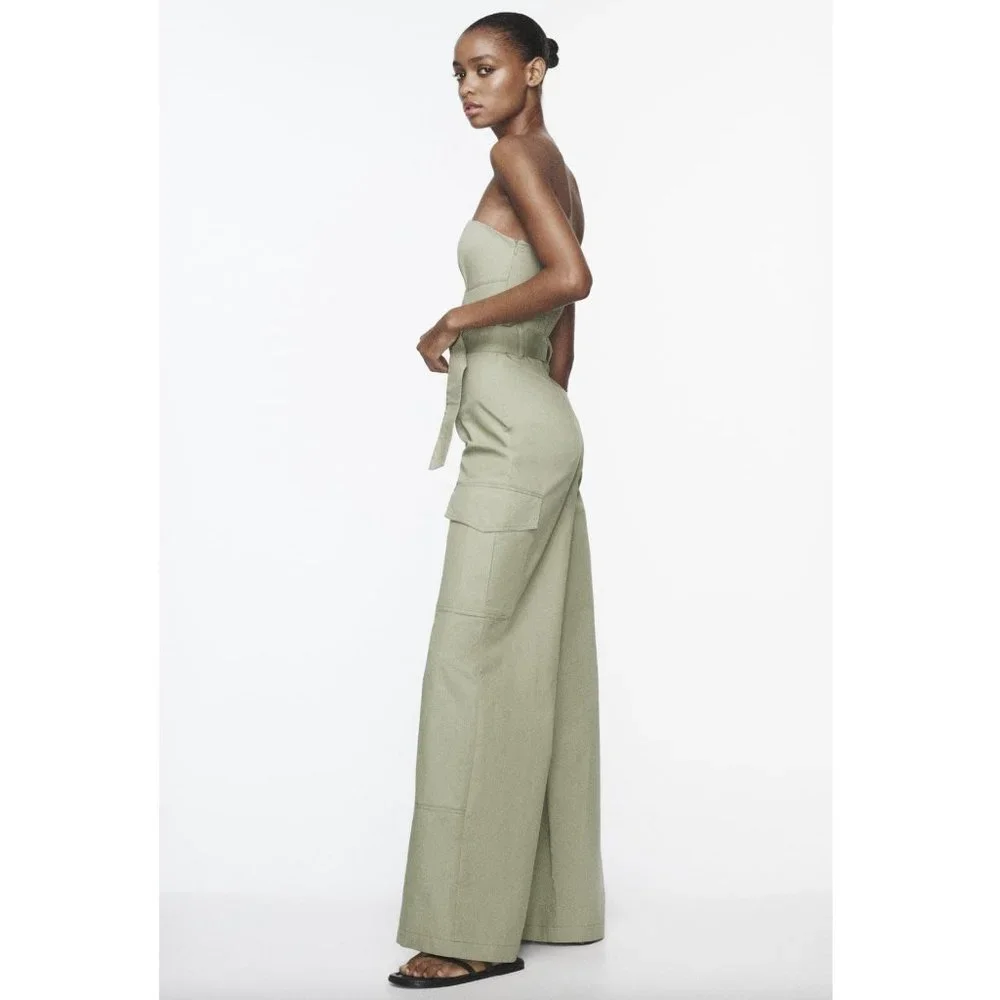 BLOGGER'S FAVE! Zara Wide Strapless Leg Jumpsuit Light Khaki NWT